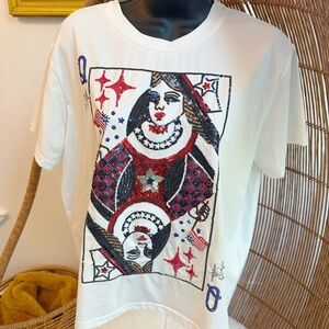 NWOT Queen Of Sparkles USA America Card Flag Sequin T- Shirt Top Size Small